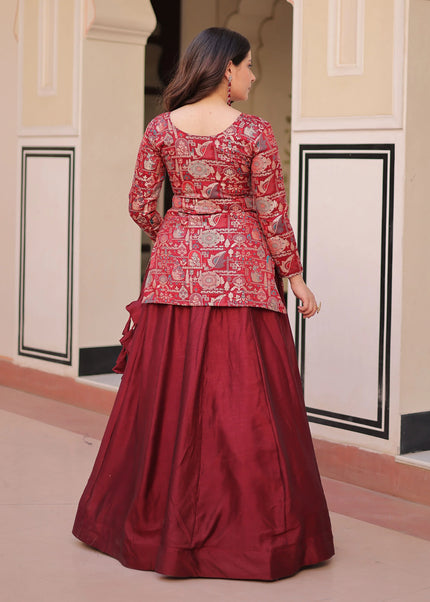 Maroon Embroidered Jacket Style Lehenga