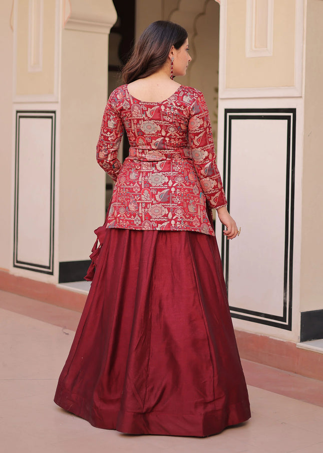 Maroon Embroidered Jacket Style Lehenga