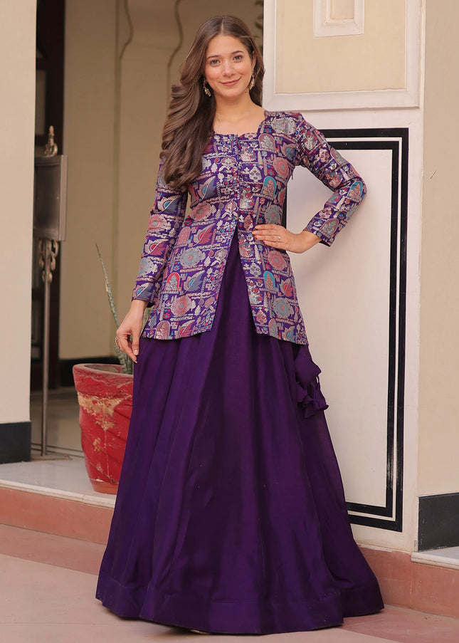 Purple Embroidered Jacket Style Lehenga