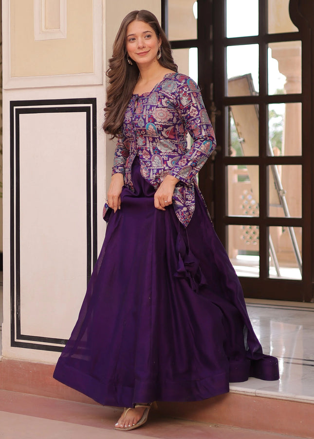 Purple Embroidered Jacket Style Lehenga