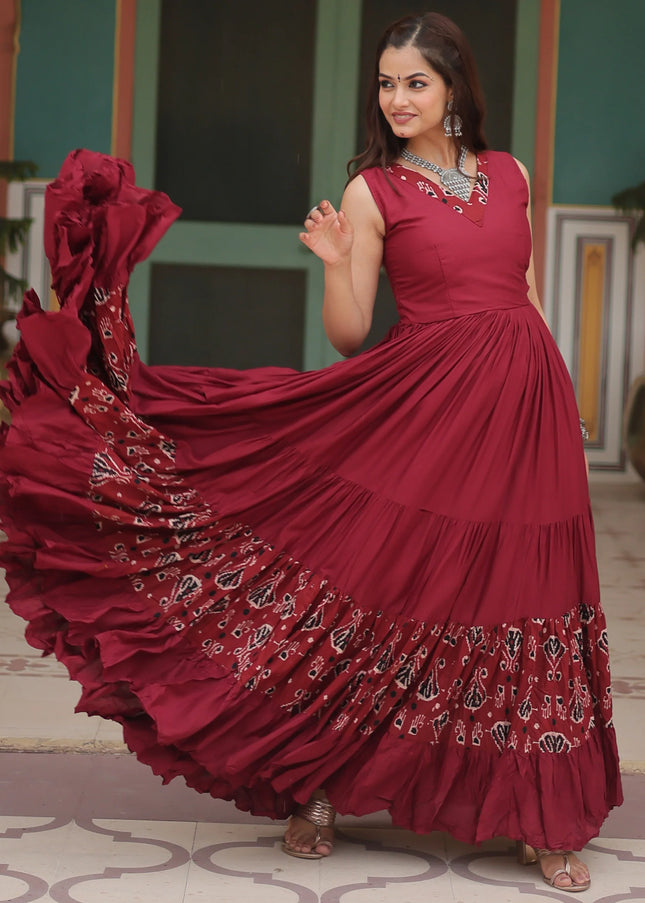 Maroon Printed Embroidered Anarkali Gown