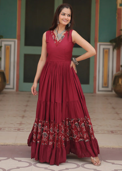 Maroon Printed Embroidered Anarkali Gown