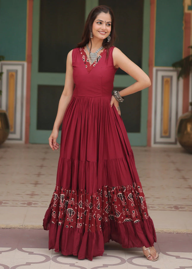 Maroon Printed Embroidered Anarkali Gown