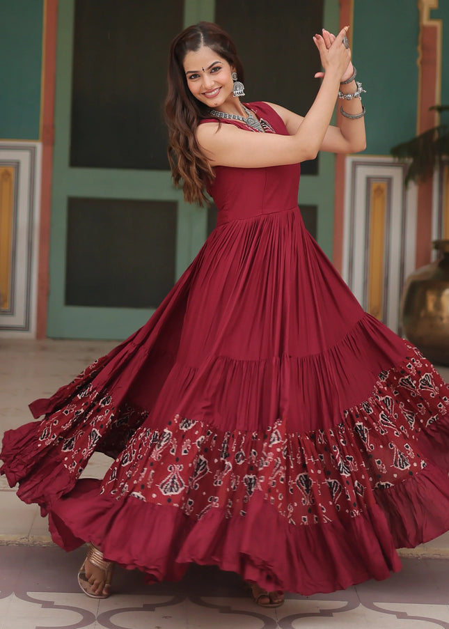 Maroon Printed Embroidered Anarkali Gown