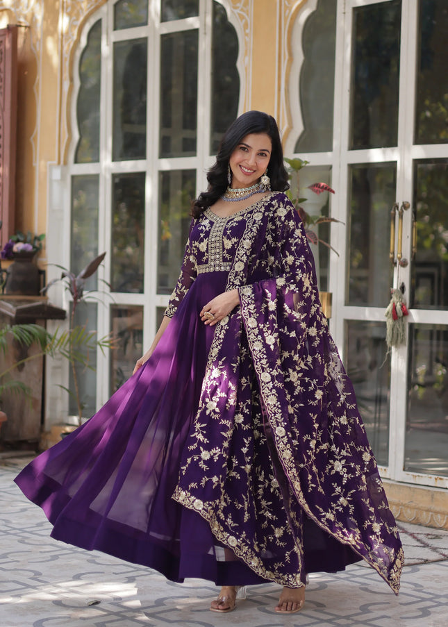 Purple Embroidered Anarkali Gown