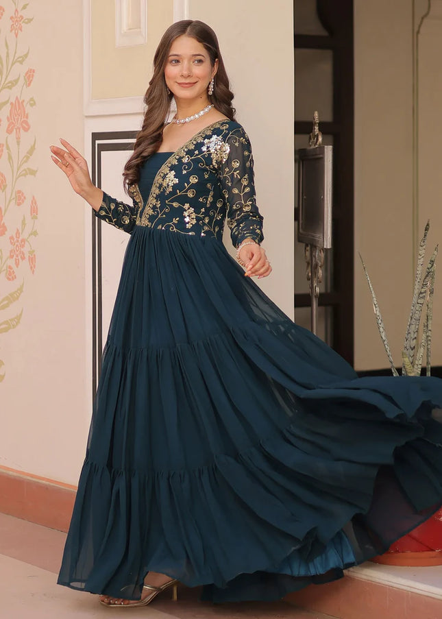 Teal Embroidered Anarkali Gown