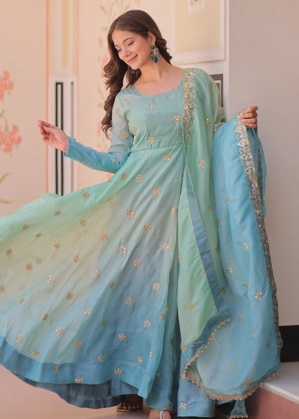 Sea Green and Sky Blue Embroidered Anarkali Gown