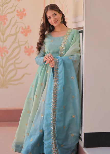 Sea Green and Sky Blue Embroidered Anarkali Gown