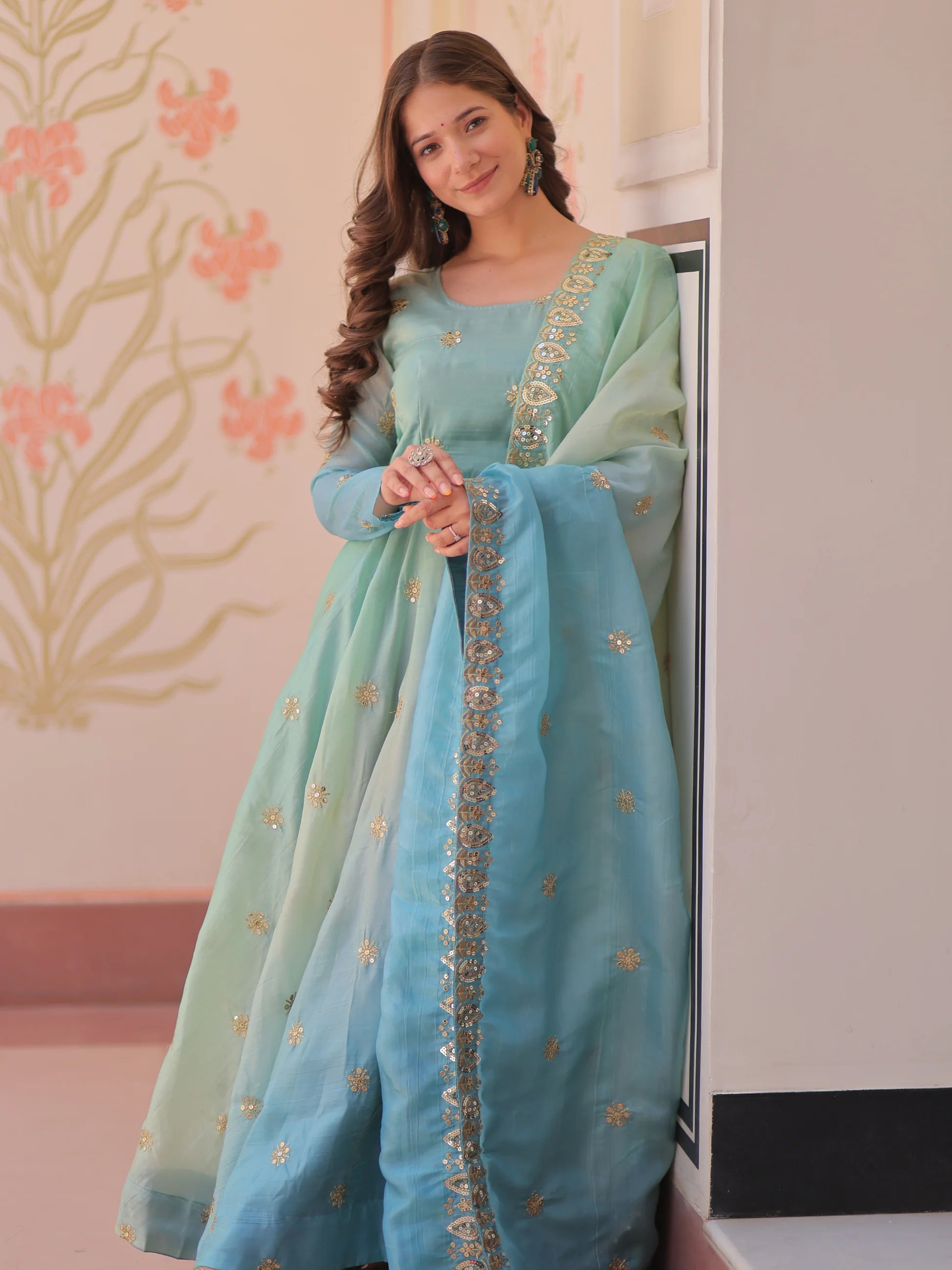 Sea Green and Sky Blue Embroidered Anarkali Gown FALAKENOOR Sea Green and Sky Blue Embroidered Anarkali Gown FALAKENOOR