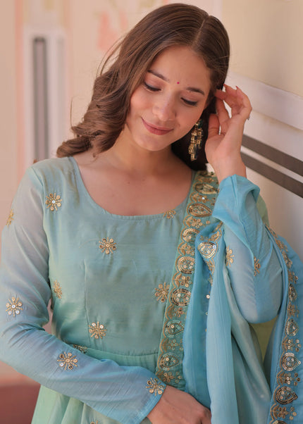 Sea Green and Sky Blue Embroidered Anarkali Gown
