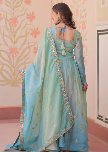 Sea Green and Sky Blue Embroidered Anarkali Gown