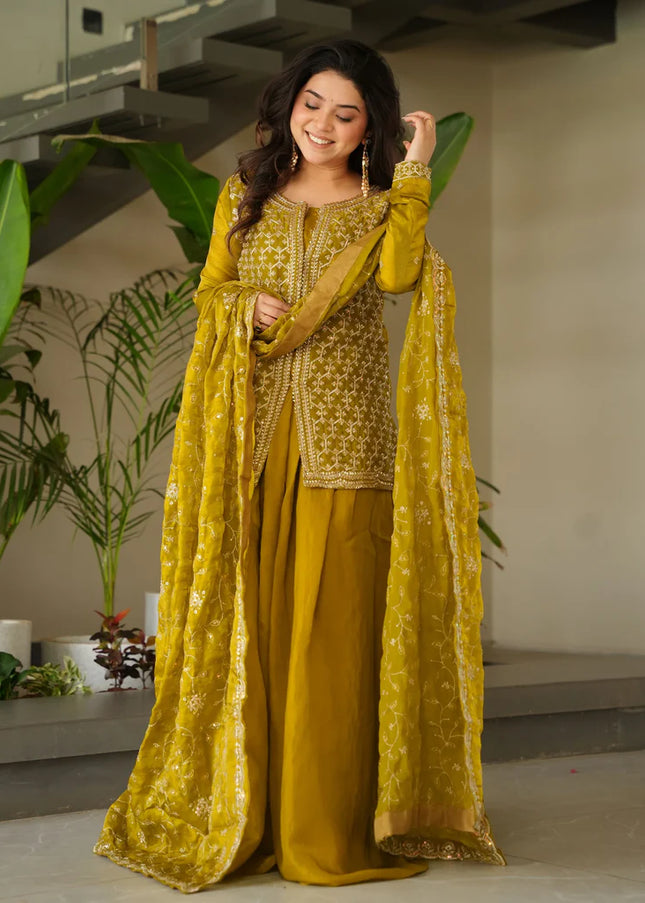 Mustard Yellow Embroidered Sharara Suit
