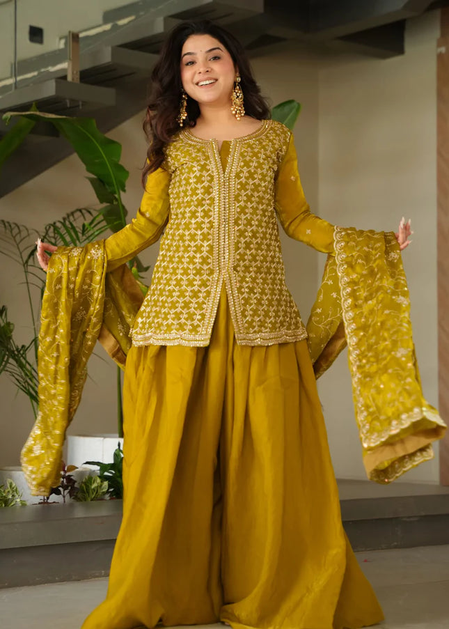 Mustard Yellow Embroidered Sharara Suit
