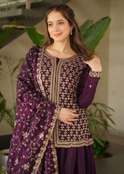 Purple Embroidered Sharara Suit