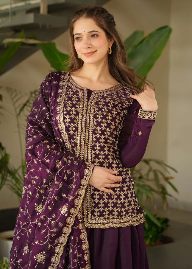 Purple Embroidered Sharara Suit
