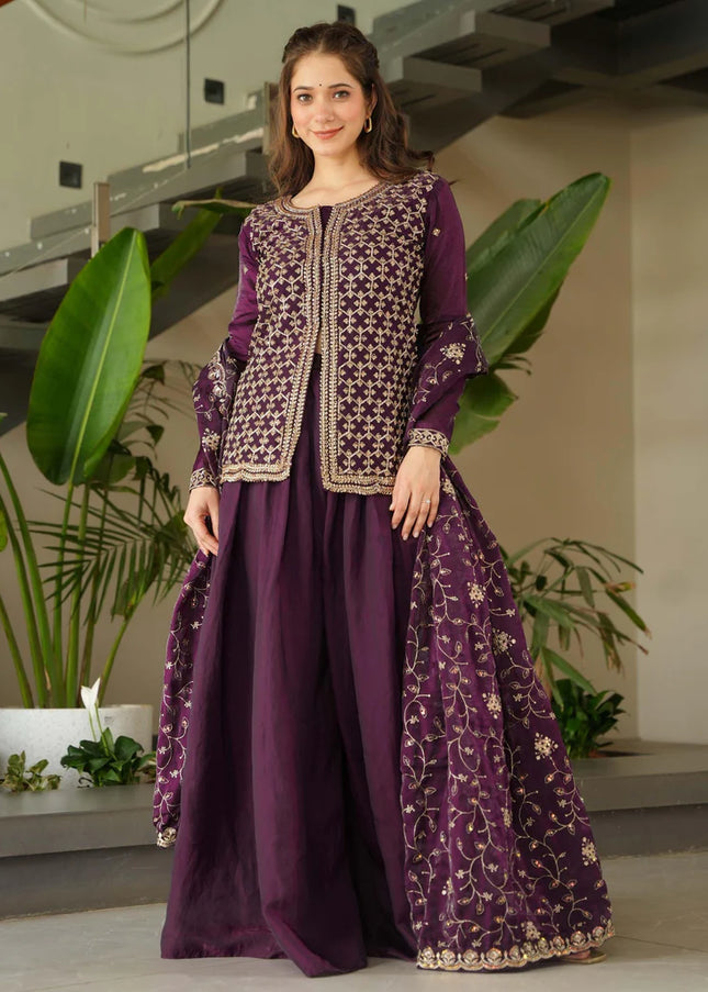 Purple Embroidered Sharara Suit