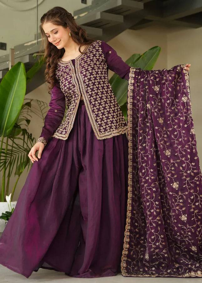 Purple Embroidered Sharara Suit