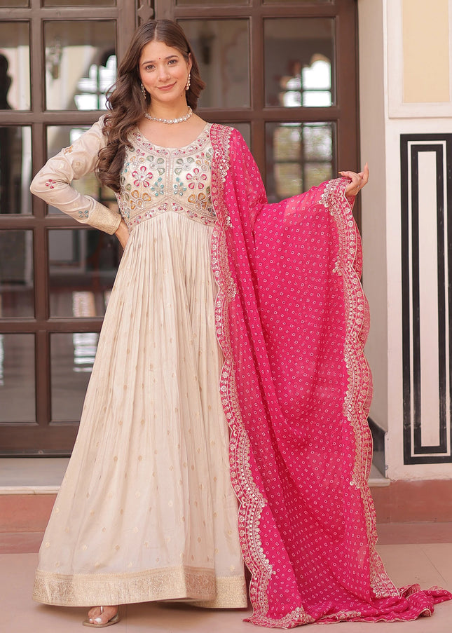 Cream and Pink Embroidered Anarkali Gown