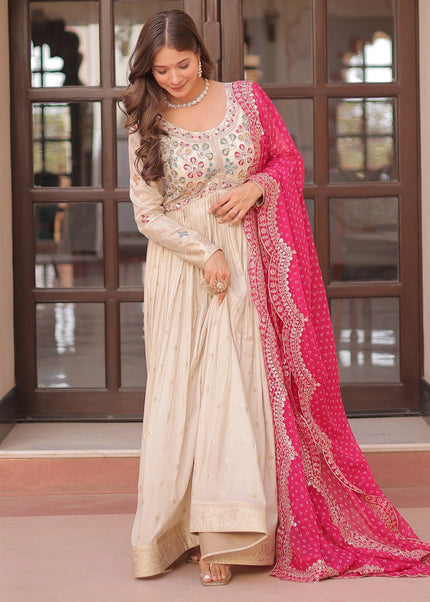 Cream and Pink Embroidered Anarkali Gown