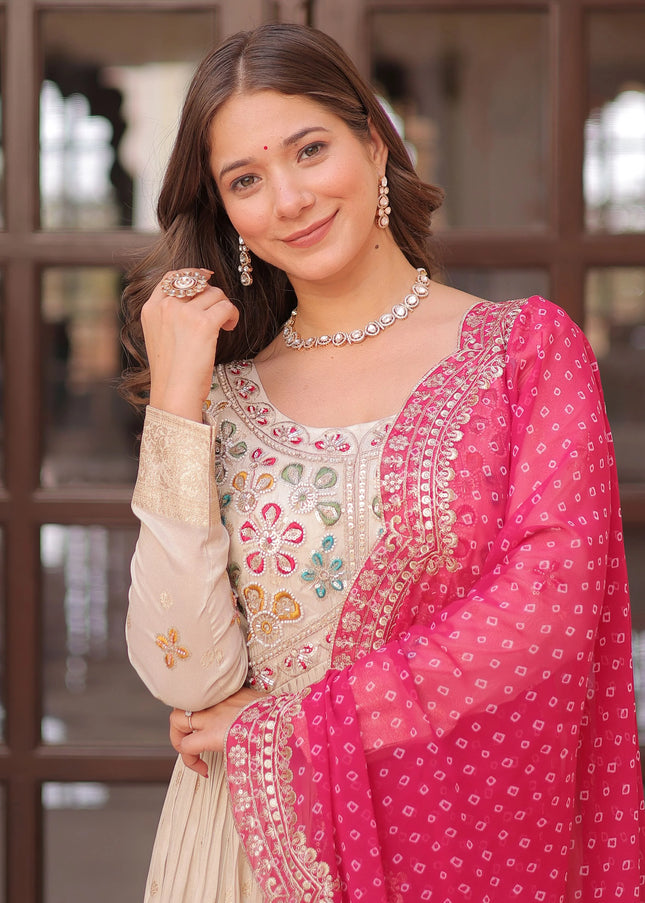 Cream and Pink Embroidered Anarkali Gown