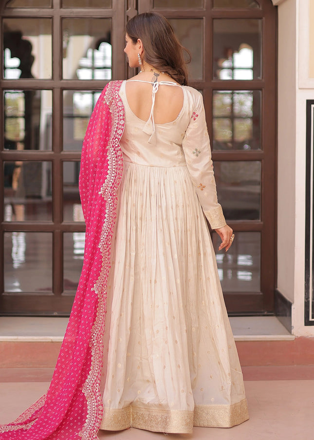 Cream and Pink Embroidered Anarkali Gown