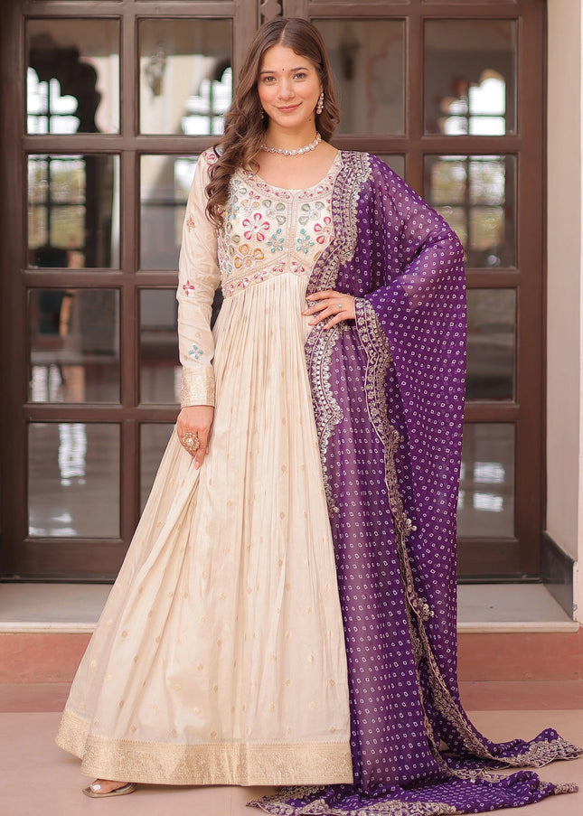 Cream and Purple Embroidered Anarkali Gown