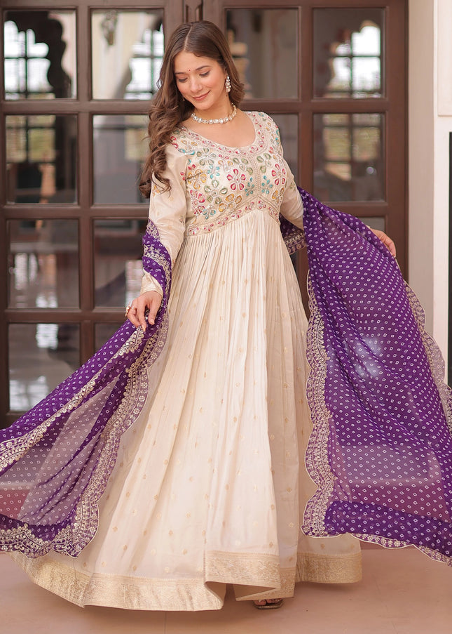 Cream and Purple Embroidered Anarkali Gown