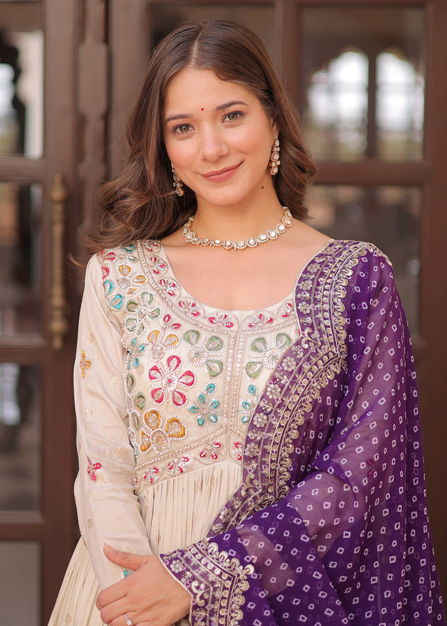 Cream and Purple Embroidered Anarkali Gown
