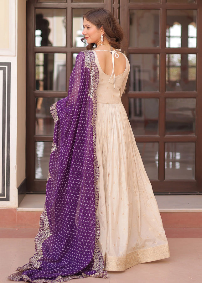 Cream and Purple Embroidered Anarkali Gown