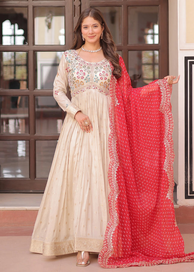 Cream and Red Embroidered Anarkali Gown