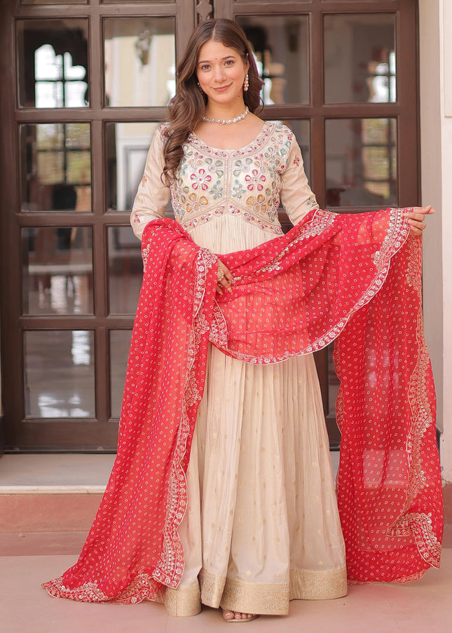 Cream and Red Embroidered Anarkali Gown