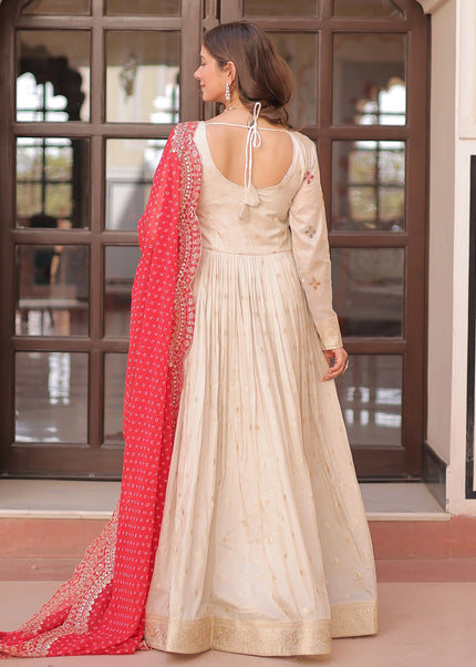 Cream and Red Embroidered Anarkali Gown