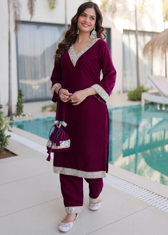 Purple Embroidered Pant Style Suit