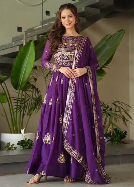 Purple Embroidered Anarkali Gown