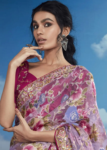 Lavender and Maroon Embroidered Saree