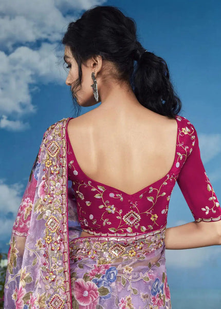 Lavender and Maroon Embroidered Saree