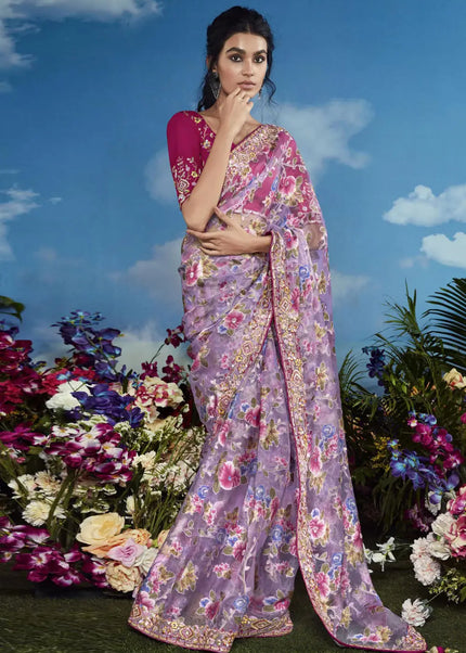 Lavender and Maroon Embroidered Saree