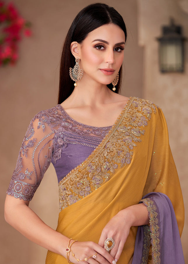 Lavender and Yellow Embroidered Saree
