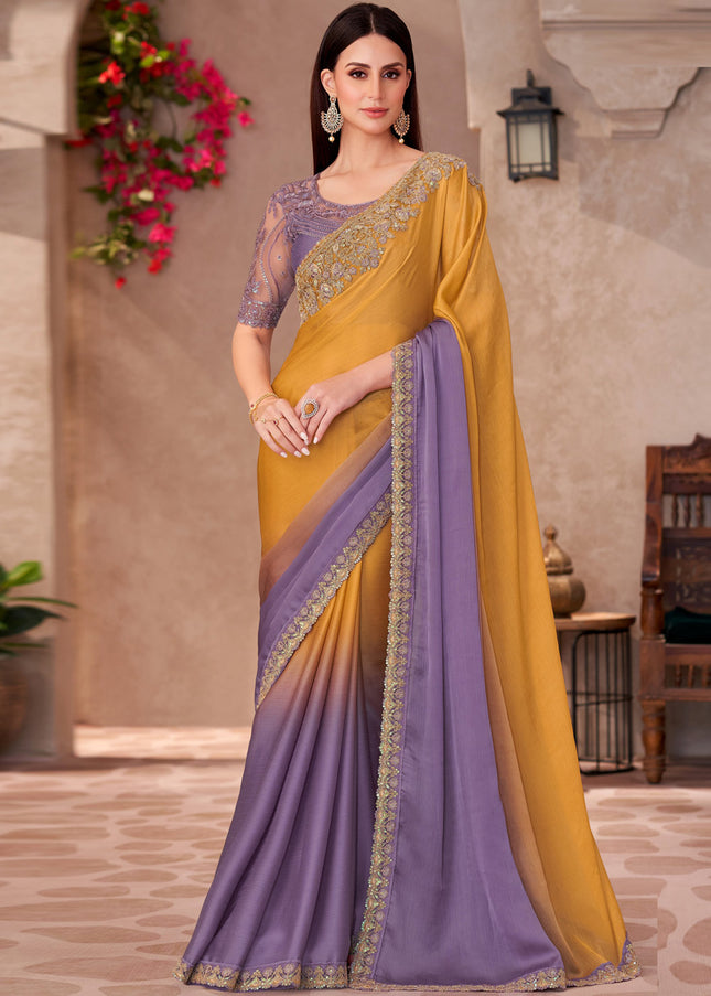 Lavender and Yellow Embroidered Saree