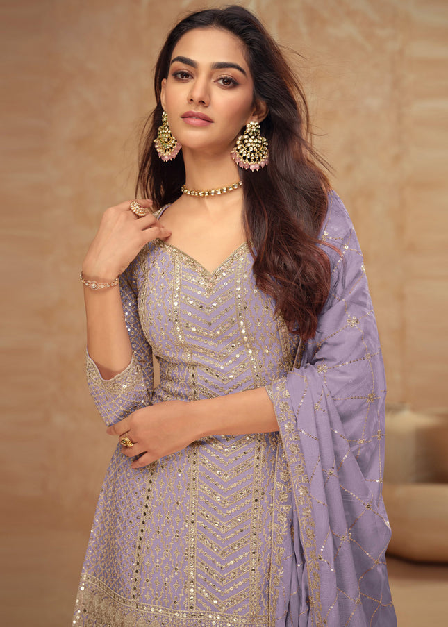 Lavender Embroidered Sharara Suit