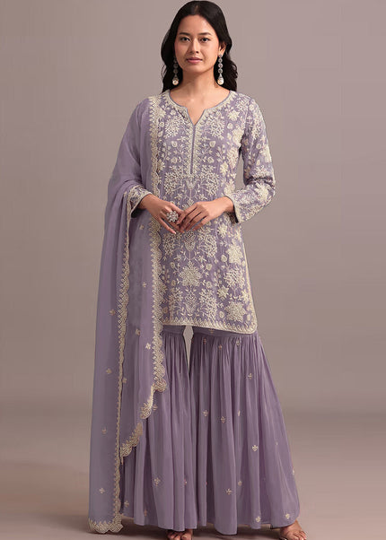 Lavender Embroidered Gharara Suit