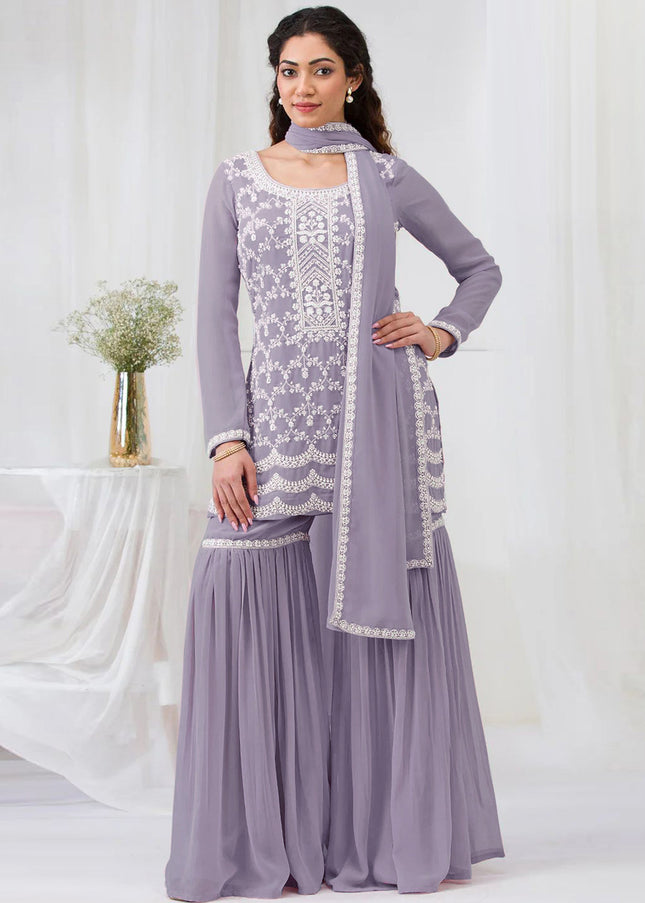 Purple Embroidered Gharara Suit