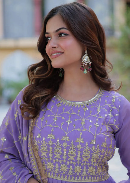 Lavender and Gold Embroidered Anarkali Gown