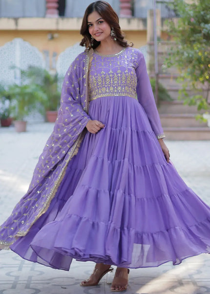 Lavender and Gold Embroidered Anarkali Gown