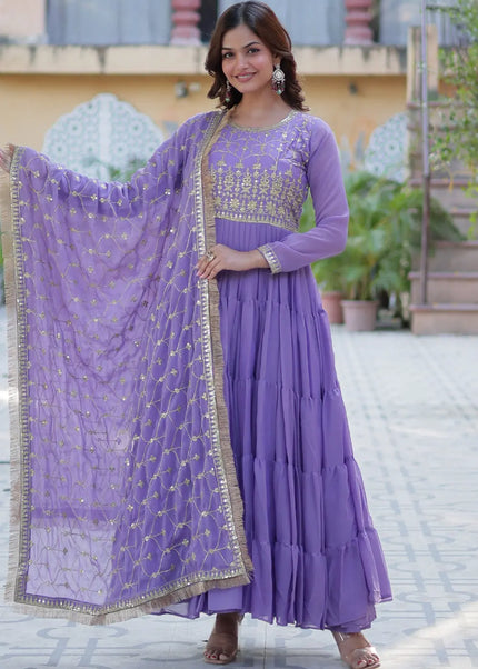 Lavender and Gold Embroidered Anarkali Gown
