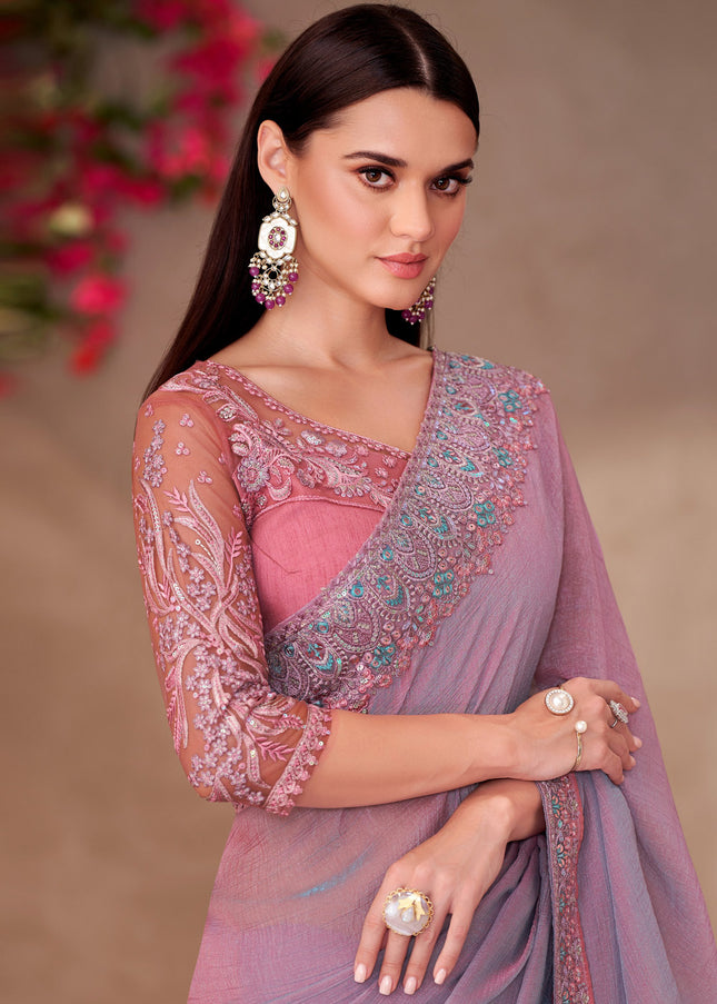 Lavender and Pink Embroidered Saree