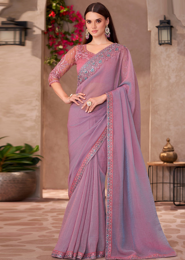 Lavender and Pink Embroidered Saree