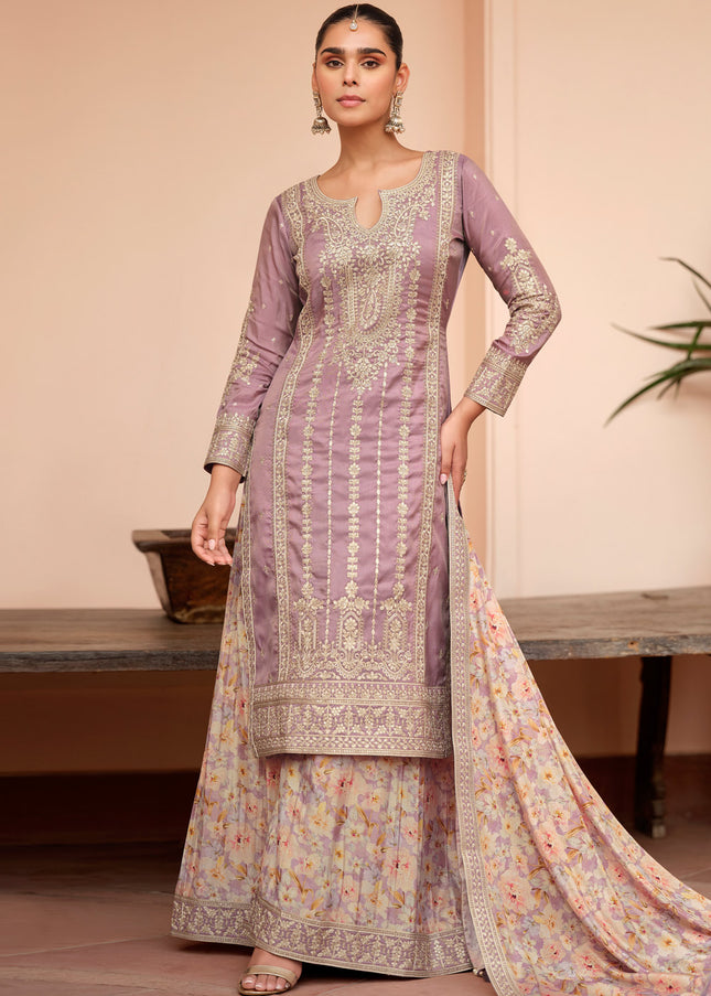 Lavender Embroidered Sharara Suit
