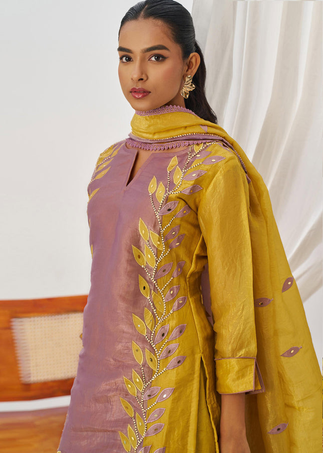 Lavender and Mustard Yellow Embroidered Pant Suit
