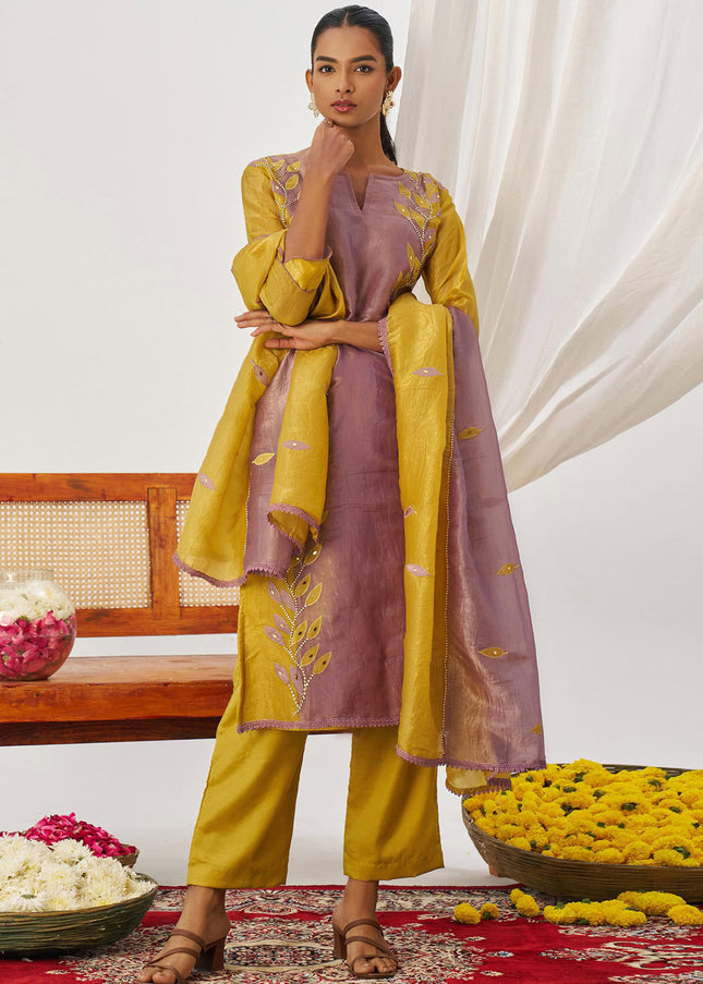 Lavender and Mustard Yellow Embroidered Pant Suit